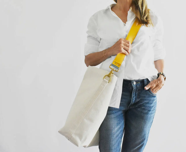 Canvas Tote Bag with blue/yellow reversable Leather Strap
