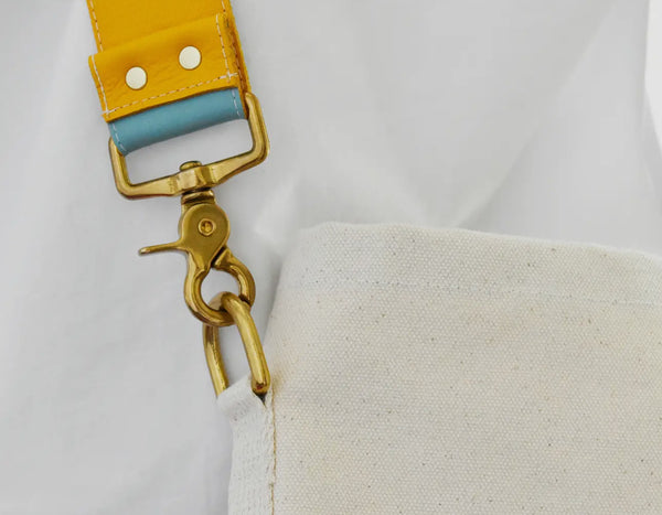 Canvas Tote Bag with blue/yellow reversable Leather Strap