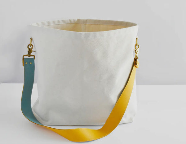 Canvas Tote Bag with blue/yellow reversable Leather Strap