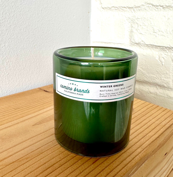 11 oz Winter Greens Double Walled dark green glass candle